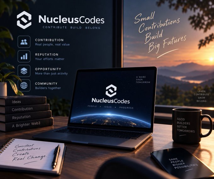 A promotional graphic for "NucleusCodes" displaying branding pillars like Contribution, Reputation, Opportunity, and Community, featuring a laptop, books, coffee mug, and phone on a desk at sunset with the tagline "Small Contributions Build Big Futures."