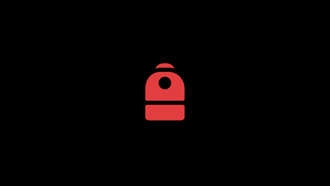 A minimalist red backpack icon on a black background.