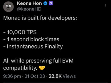 The image shows a black background with white text that reads "Gmonad MONAD BLOCK TIME HISTORY (2002-2006) -Monad was designed from the start for 1 second block times along with 10000+ TPS with EVM compatibility". The text is in all caps and is written in a block style font.