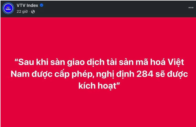 A Vietnamese-language social media post from VTV Index stating: 'Sau khi sàn giao dịch tài sản mã hoá Việt Nam được cấp phép, nghị định 284 sẽ được kích hoạt' (After Vietnamese crypto exchanges are licensed, decree 284 will be activated).