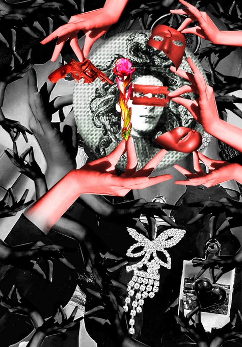 The image features a collage of various elements, including a black and white photo with red accents, a person's face wearing a mask, and a woman's hands holding a flower. The image also includes text that reads "Gmn dear...LFG objkt.com/users/tz1hLRZC #Tezosart #collage". This suggests that the collage is an artistic representation of different elements combined together to create a unique piece of art or design, possibly related to the post about the woman's face and mask.