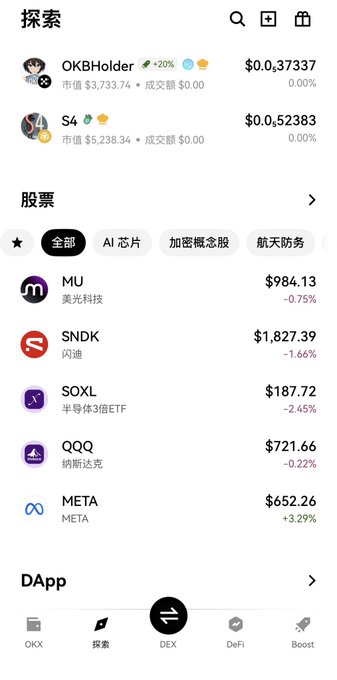 A mobile app explore screen (Chinese interface) showing crypto holdings including OKBHolder (+20%) at $0.37337 and S4 at $0.52383, plus a stocks list featuring MU ($984.13), SNDK ($1,827.39), SOXL ($187.72), QQQ ($721.66), and META ($652.26), with bottom navigation tabs for OKX, Explore, DEX, DeFi, and Boost.