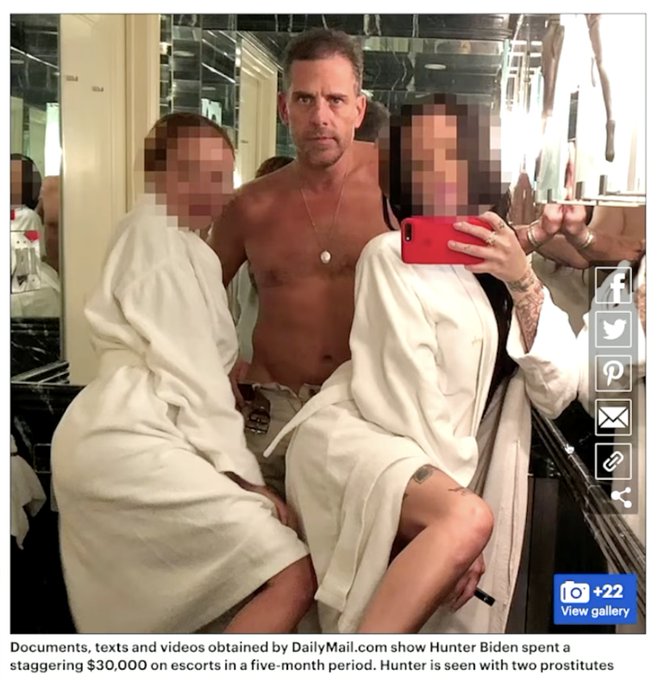 The image appears to be a Daily Mail screenshot showing Hunter Biden posing shirtless between two individuals whose faces are pixelated, with a caption stating he spent $30,000 on escorts over a five-month period, though it has no apparent connection to the post about markets ("base is back").