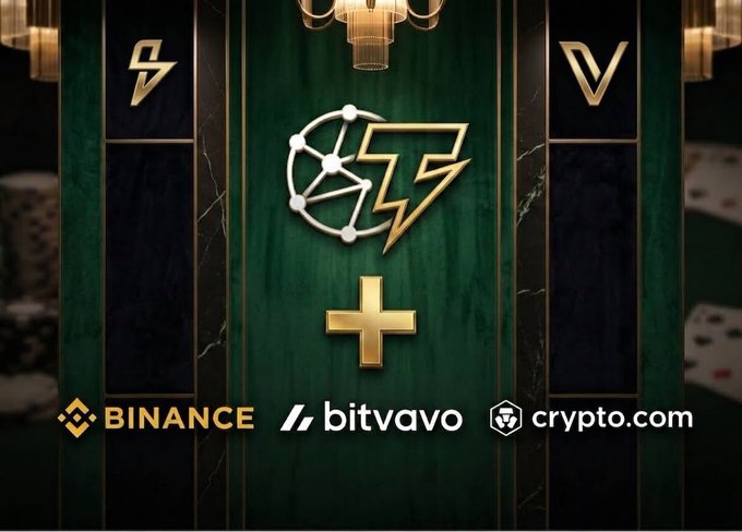 Crypto gambling promotional graphic featuring golden network and lightning icons, with logos for Binance, Bitvavo, and Crypto.com at the bottom.