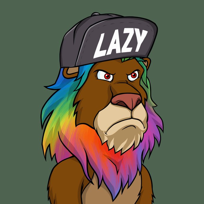 A cartoon lion with a rainbow-colored mane wears a black backwards cap that reads "LAZY" in bold white letters, matching the meme's declaration that everyone is required to own a "Lazy Lion."