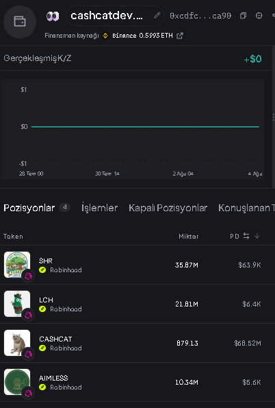 A cryptocurrency portfolio dashboard for wallet 'cashcatdev...' showing a balance of 0.5993 ETH, with a P/L chart and positions including SHR ($63.9K), LCH ($6.4K), CASHCAT ($60.52M), and AIMLESS ($5.6K).