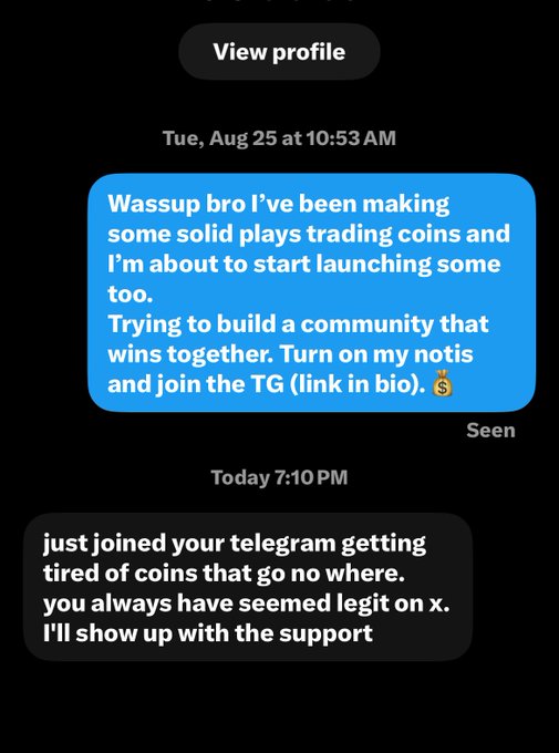 A screenshot of an Instagram direct message conversation where someone promotes a coin trading community and Telegram group, and the recipient responds positively saying they joined the Telegram and will show support.