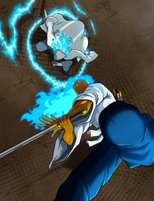 Anime-style illustration showing a character with a katana facing a hooded white figure surrounded by blue flames on a dark surface.