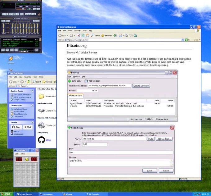 A Windows XP desktop displays a Bitcoin.org webpage announcing the "Bitcoin v0.1 Alpha Release," alongside the Bitcoin v0.1 client interface showing a balance of 35.06 and a "Send Coins" window preparing to send 9.90 BTC to order #12345, commemorating Satoshi Nakamoto's registration of Bitcoin.org 18 years ago.