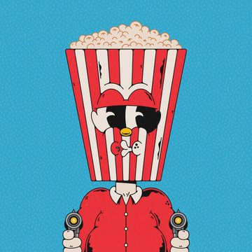 A stylized illustration of a character with a red and white striped popcorn bucket for a head, wearing sunglasses and holding two revolvers against a blue background.