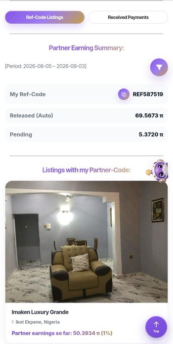 A mobile app screen shows a 'Partner Earning Summary' with Ref-Code 'REF587519', Released earnings of 69.5673 ₮, Pending of 5.3720 ₮, and a listing for 'Imaken Luxury Grande' in Ikot Ekpene, Nigeria.