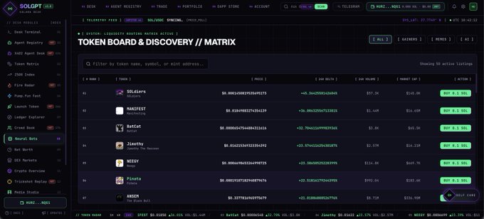 A screenshot of the "SOLGPT" crypto trading platform dashboard showing a "TOKEN BOARD & DISCOVERY // MATRIX" with a list of tokens including SOLiera, MANIFEST, RatCat, J1enchy, NEEOY, FL0ata, and ARSON, each with their prices and market caps.
