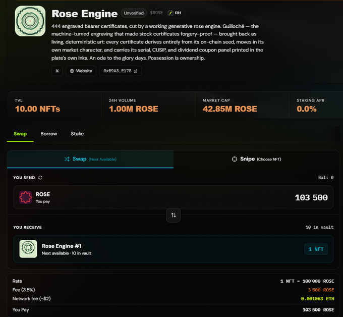 A screenshot of the Rose Engine (ROSE) token/NFT project on StonkBroker's Anvil platform, showing key metrics including a TVL of 10.00 NFTs, 24H volume of 1.00M ROSE, market cap of 42.85M ROSE, and a swap interface where 103,500 ROSE can be exchanged for 1 NFT at a rate of 100,000 ROSE per NFT. The image directly visualizes the post's announcement of the Rose Engine collection launch, displaying the live on-chain token details (symbol ROSE) and swap functionality that enables purchasing the 444 NFT certificates mentioned in the deployment announcement.