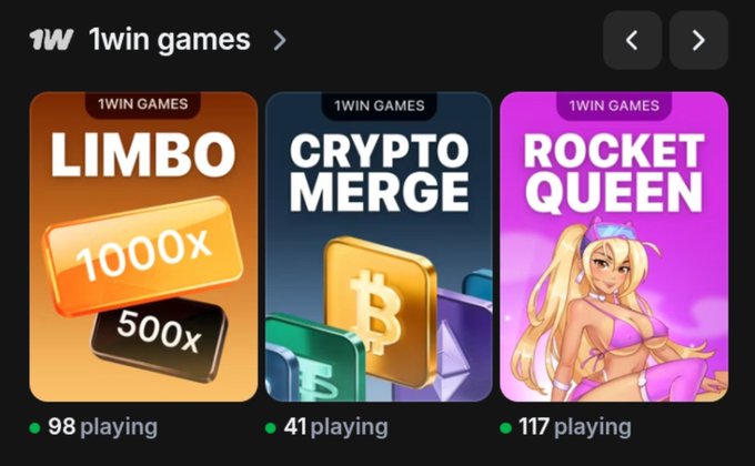 A screenshot of the "1win games" section showing three games: LIMBO (1000x, 500x) with 98 playing, CRYPTO MERGE with 41 playing, and ROCKET QUEEN with 117 playing.