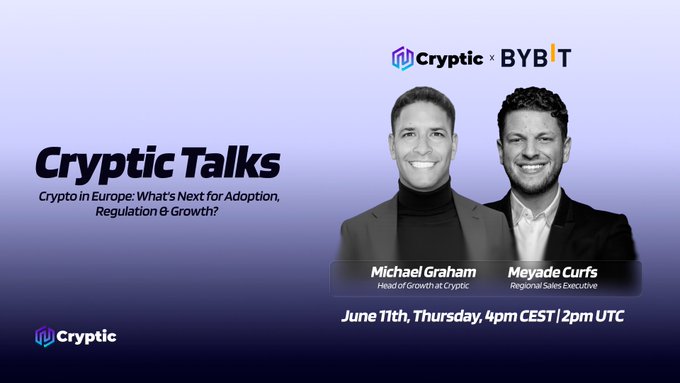 The image features a poster for a Cryptic Talks event, with two men smiling at the bottom of the poster. The poster also includes text about Europe's next adoption of blockchain technology and mentions the names of some speakers.