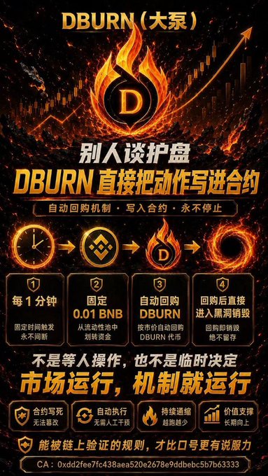 This is a promotional infographic for the DBURN (大泵) cryptocurrency project, featuring a fiery "D" logo and an upward-trending chart, with text emphasizing its automated buyback mechanism written into the contract (3% tax directed to a bottom pool) rather than manual market operations. The image reinforces the post's message by highlighting four key features: minute-by-minute triggering, fixed 0.01 BNB burn funding, automatic DBURN market purchases, and tokens being sent to a black hole address, culminating in the contract address (CA: 0xdd2fee7fc438aea520e2678e9ddbebc5b7b63333).