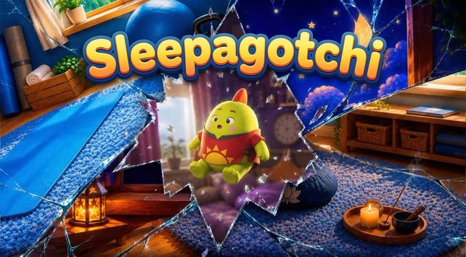 The image features a cartoon character, likely a small green frog or monster, sitting on top of a bed with blue sheets. The character appears to be wearing a red shirt and has a yellow hat. There are also two clocks visible in the scene, one near the bottom left corner and another towards the right side of the image.