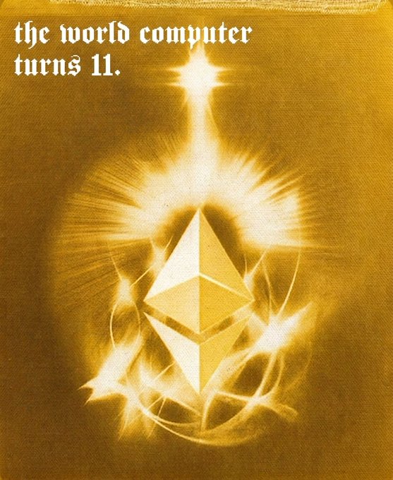 A golden canvas features the Ethereum logo (a diamond-shaped octahedron) radiating bright light, with Gothic-style text in the upper left reading "the world computer turns 11." The image serves as a celebratory anniversary tribute to Ethereum's 11 years since launch, with the glowing logo symbolizing the blockchain's enduring role as a decentralized global computing platform.