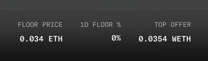 A dark-themed price display showing FLOOR PRICE of 0.034 ETH, 1D FLOOR % of 0%, and TOP OFFER of 0.0354 WETH.