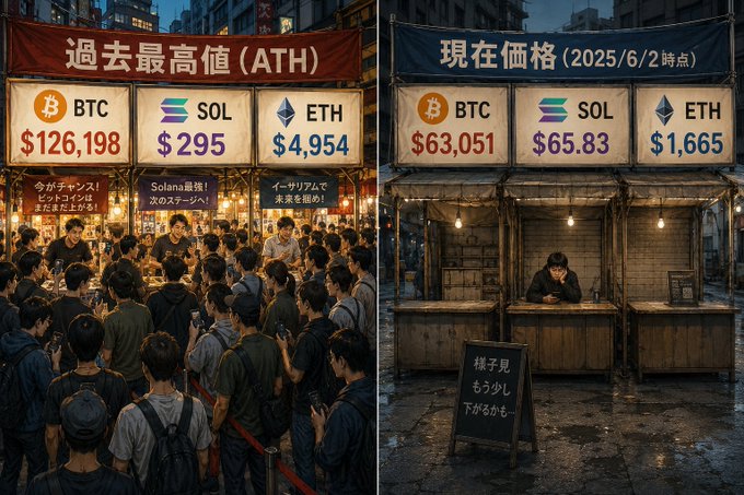 The image features two separate scenes at a market stall, showing different prices for Bitcoin, Etherium (ETH), and Sol coins. The first scene shows various people gathered around an outdoor booth with Bitcoin listed as $19.87, while Etherium is priced at $6.54. In the second scene, a vendor can be seen selling Bitcoin, Etherium, and Sol coins in front of his stall that displays prices of $19.86, $6.55, and $1.65. The post seems to be trying to compare these coin values by placing them side-by-side for viewers to see the difference clearly.