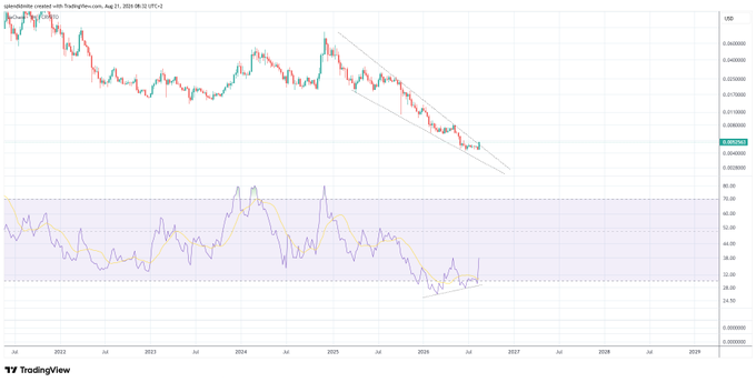 A TradingView chart for WHAT/USDT (unpegged?) showing a descending trendline with a falling wedge pattern, with an RSI indicator below showing oversold conditions.