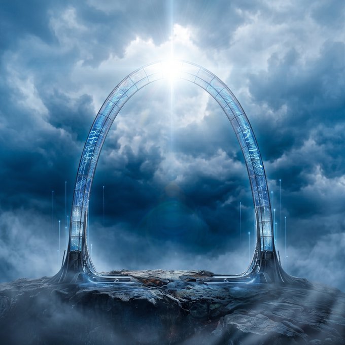 A futuristic, glowing arch structure made of transparent glass and technology stands atop a rocky outcrop, set against a dramatic cloudy sky with bright sunlight.