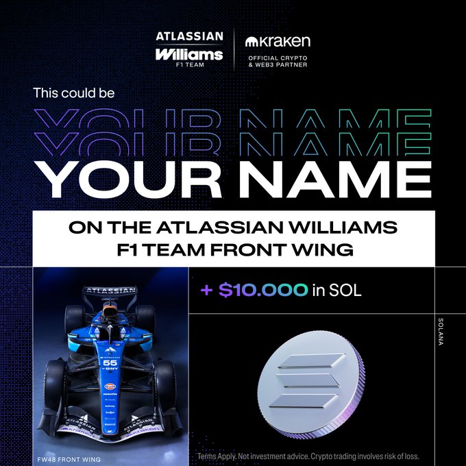 Promotional graphic for a Kraken x Atlassian Williams F1 Team giveaway, featuring an FW48 car with front wing 55 and a Solana coin, with text reading "This could be YOUR NAME on the Atlassian Williams F1 Team Front Wing + $10,000 in SOL."