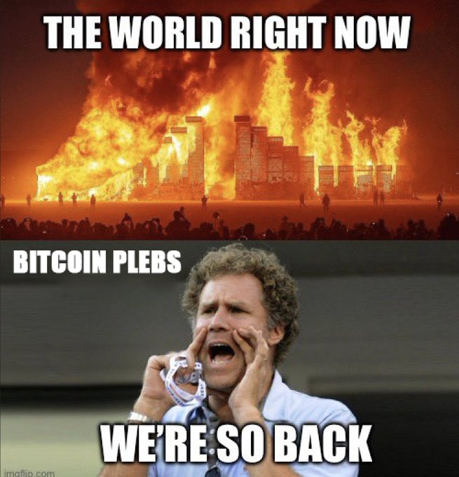 A meme featuring a burning building labeled 'THE WORLD RIGHT NOW' above a crying Will Ferrell character labeled 'BITCOIN PLEBS' with the caption 'WE'RE SO BACK'.