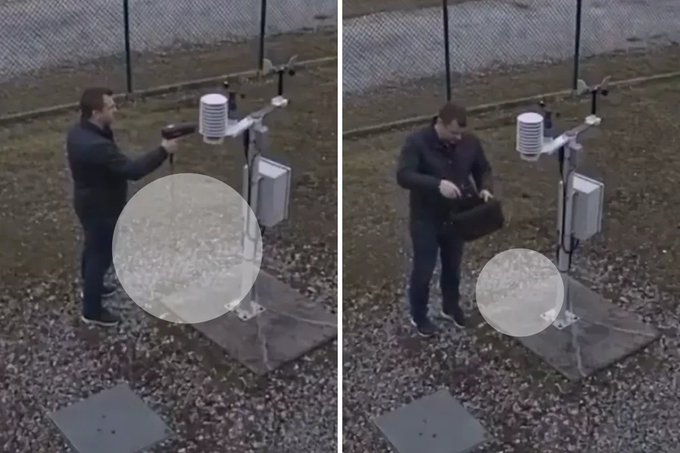 A split surveillance image of a man in a dark jacket smashing the temperature/humidity sensor of an outdoor weather station with a black case, causing it to shatter and spray debris.