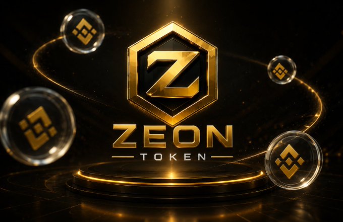 A promotional graphic for 'ZEON TOKEN' featuring a gold hexagonal logo with a 'Z' in the center, surrounded by floating cryptocurrency coins against a dark background.