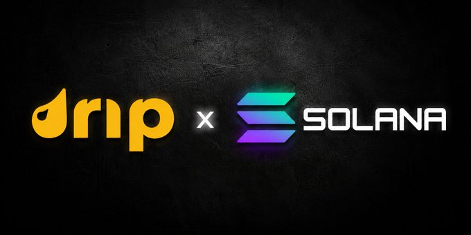 A promotional graphic featuring the Drip Shop logo in yellow alongside the colorful Solana logo, separated by an "x" symbol on a black background, illustrating a collaboration or partnership between the two. The image visually reinforces the post's mention of the user's recent engagement with Drip Shop (@dripshop_live).