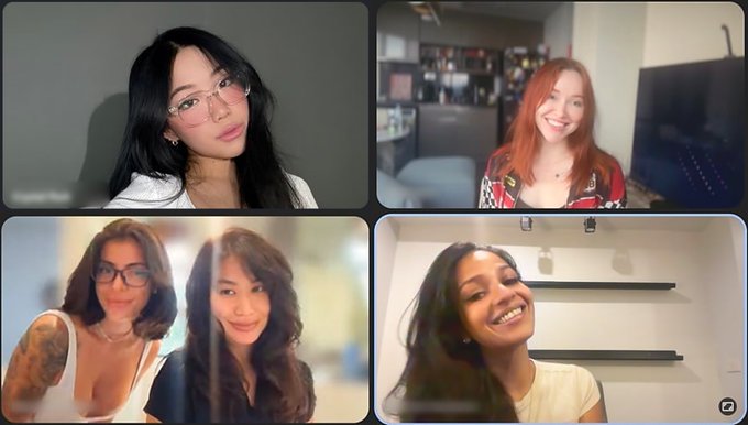 A four-panel video call grid featuring four women, each in separate webcam feeds with different backgrounds and lighting.