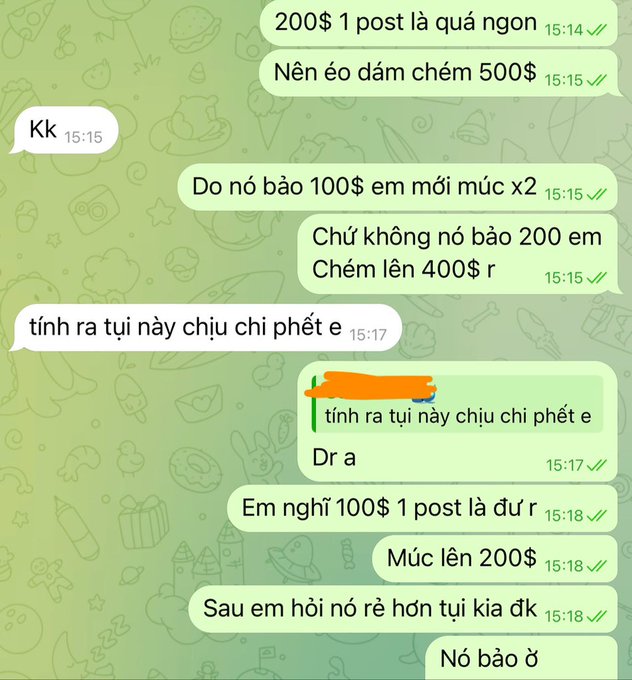 A screenshot of a Vietnamese Telegram chat discussing pricing for posts, with messages like '200$ 1 post là quá ngon', 'Nên éo dám chém 500$', and 'Múc lên 200$'.
