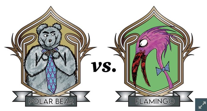 The image shows two illustrated heraldic crests labeled "POLAR BEAR" and "FLAMINGO" separated by "VS.," depicting a tongue-in-cheek mascot competition for Ethereum's Glamsterdam upgrade where users are invited to vote for either a rugged-looking bear in a tie or a frazzled pink flamingo sporting a bowtie.