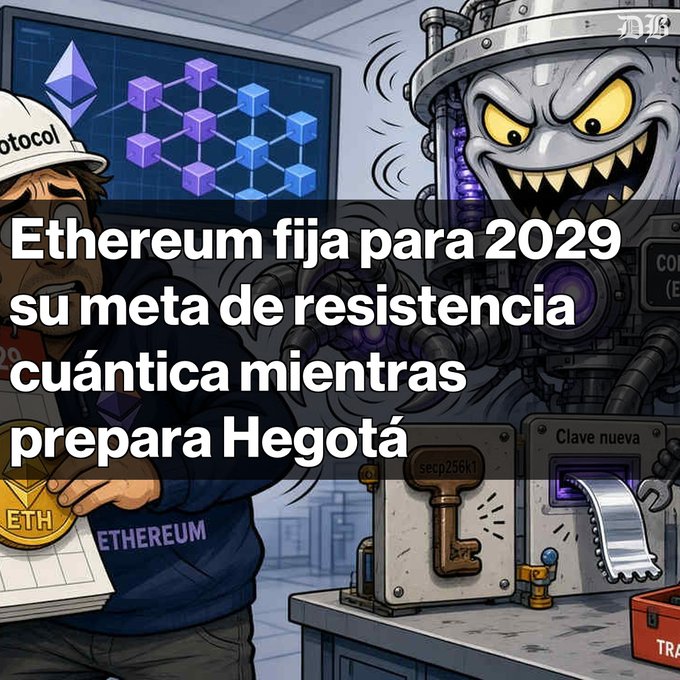 A cartoon illustration shows a distressed Ethereum mascot and a menacing quantum machine, overlaid with Spanish text reading 'Ethereum fija para 2029 su meta de resistencia cuántica mientras prepara Hegotá.'