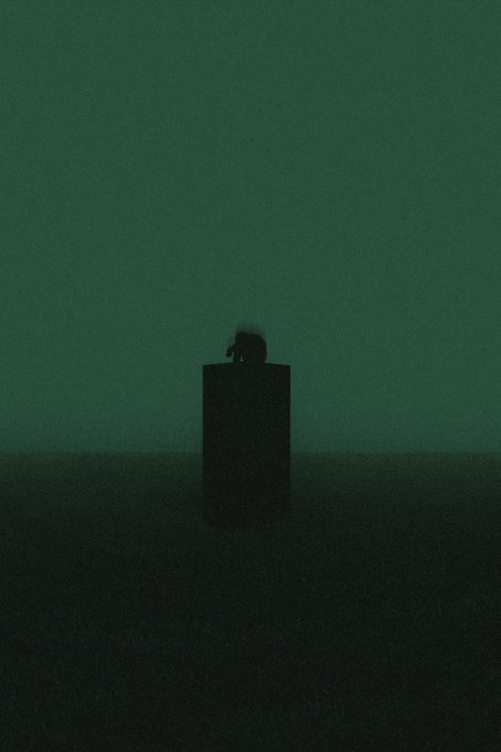 A dark, minimalist image with a heavy green tint, showing a silhouetted figure sitting hunched on top of a rectangular pedestal in a vast, empty space.