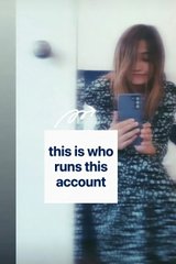 A blurry mirror selfie of a person wearing a sequined top, with overlaid text reading "this is who runs this account," directly corresponding to the post's message revealing the anonymous account operator.