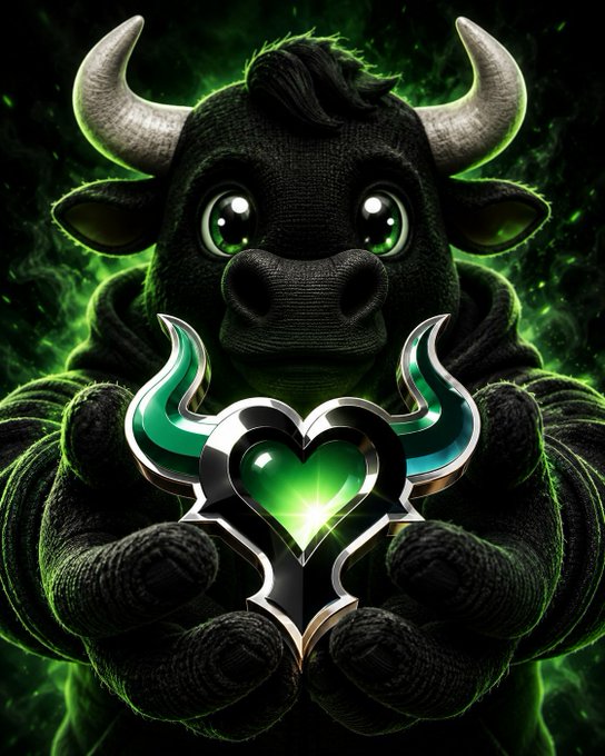 A digital illustration of a cute black bull-like creature with green eyes holding a glowing green heart with wing-like designs, set against a dark green glowing background.