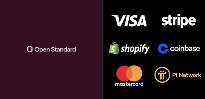 A promotional graphic with a dark red panel displaying the 'Open Standard' logo on the left and a black panel on the right featuring logos of partner companies including Visa, Stripe, Shopify, Coinbase, Mastercard, and Pi Network.