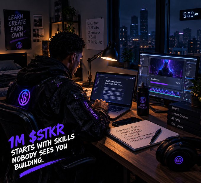 An image showing a person working at a computer desk at night with a checklist, alongside the text 'LEARN CREATE EARN OWN' and '1M $STKR STARTS WITH SKILLS NOBODY SEES YOU BUILDING.'