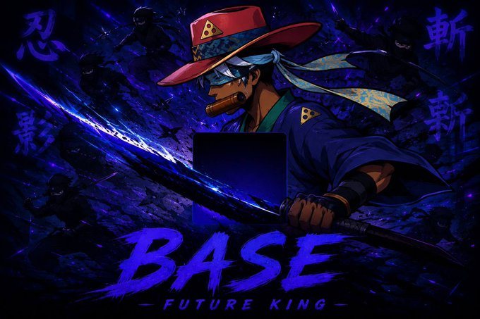 The image features a man dressed as a character from a video game, holding a sword and wearing a red hat. The background of the image is dark blue with purple elements, giving off an intense atmosphere. The caption for the image reads "BASE - FUTURE KING TRADE REGULAR ACTIVE REGULAR PROFIT IN FUTURE SURE SHOT @base @jessepollak we are stay with $BASE". This suggests that the man in the image is a character from a video game, and he is promoting or advertising a product related to the game.