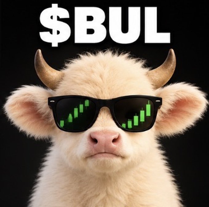 A meme-style image of a white bull wearing black sunglasses with green stock chart reflections in the lenses, with the bold text "$BUL" displayed above its head.