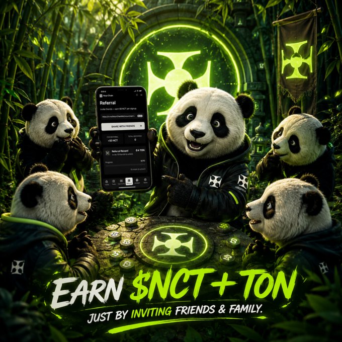 The image features a group of five panda bears sitting around a table with a cell phone held by one of them, which appears to be displaying an advertisement for a rewards program called "Earn" that offers 50 NCT+TON rewards for every person who invites their friends and family to join. The panda bear holding the cell phone is surrounded by other pandas in various poses, creating a lively atmosphere around the table.