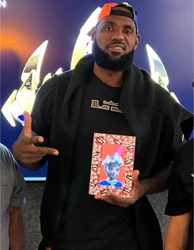 LeBron James poses while holding a red CloneX NFT figure, tying into the post's mention of him as a CloneX holder, with the caption humorously referencing both his supposed Philadelphia 76ers signing and the mystery behind who purchased his @RTFKT clone.