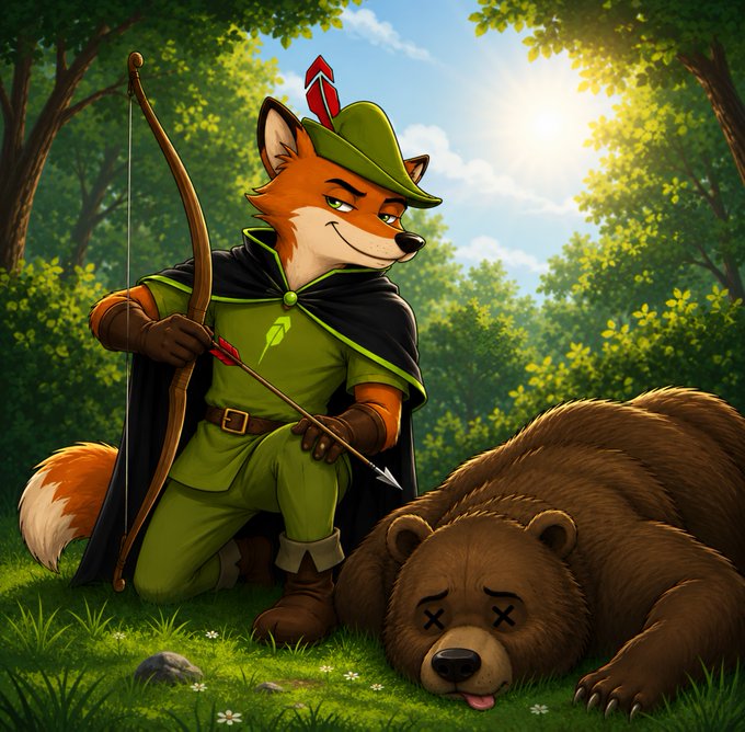 A sly fox dressed as Robin Hood kneels triumphantly over a defeated bear with X's on its eyes in a sunlit forest. The image visualizes the post's metaphor of $FOX overpowering bearish forces to dominate the Robinhood Chain.