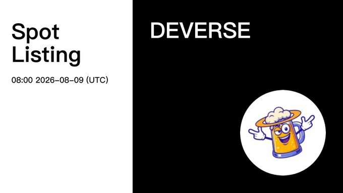 Announcement graphic for 'DEVERSE' Spot Listing scheduled for 08:00 2026-08-09 (UTC), featuring a cartoon beer character with arms.