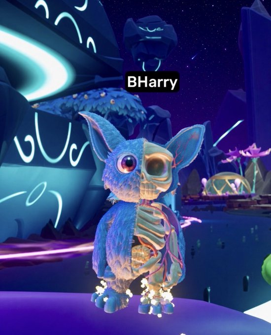 A screenshot from a video game showing a character named 'BHarry' - a creature that appears half cute blue furry creature and half skeletal, standing in a dark mystical environment with glowing purple elements.