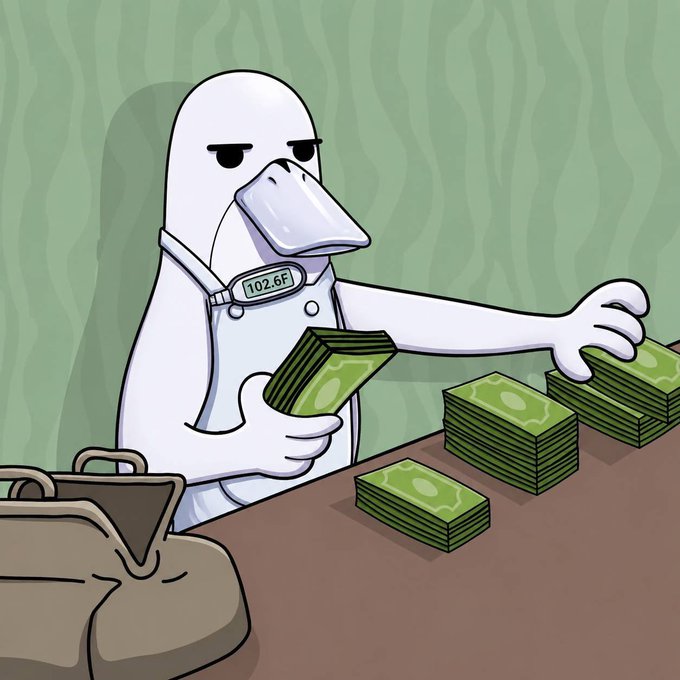 A cartoon illustration depicts a bird wearing a straitjacket with a tag reading '102.6F' counting stacks of green money next to a money bag.