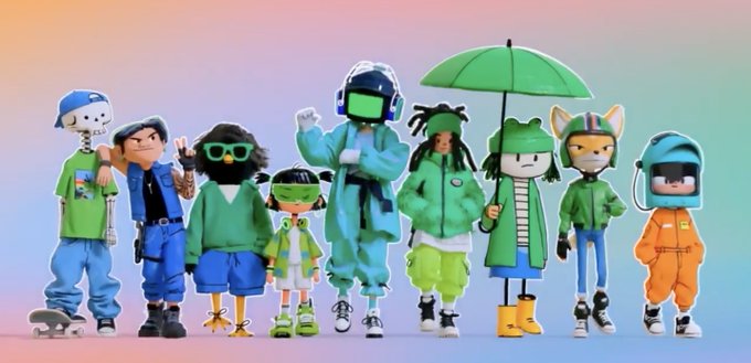 A lineup of eight stylized 3D character figures with various animal-themed and futuristic headgear, mostly wearing green and blue outfits against a gradient pastel background.