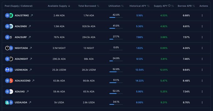A cryptocurrency lending pool dashboard showing various pairs including ADA/STRKE, ADA/SNEK, ADA/SURF, NIGHT/ADA, ADA/NIGHT, USDM/ADA, ADA/ASCEND, ADA/IAG, and USDA/ADA with their available supply, utilization, and APY rates.